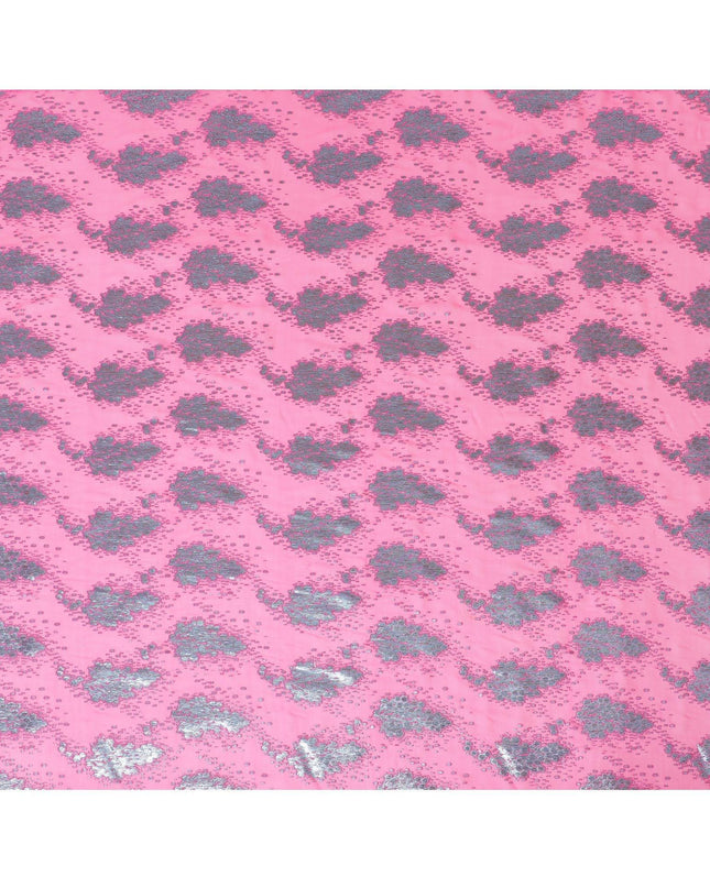 Hot Pink silk chiffon fabric with baby blue and copper metallic lurex in floral design-D8046