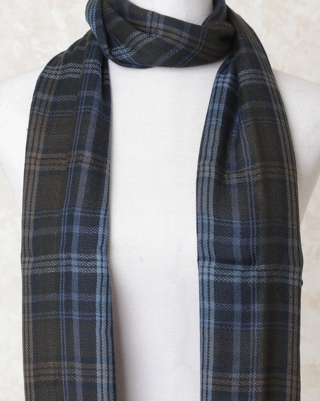 Dark olive, baby blue, sand brown poly wool weaved scarf in checks design-D10698 Regal Fabrics