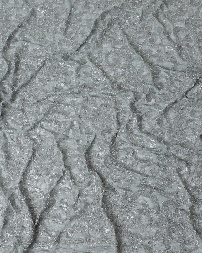 Artichoke green lace fabric with same tone, off white embroidery in fancy design-D11748