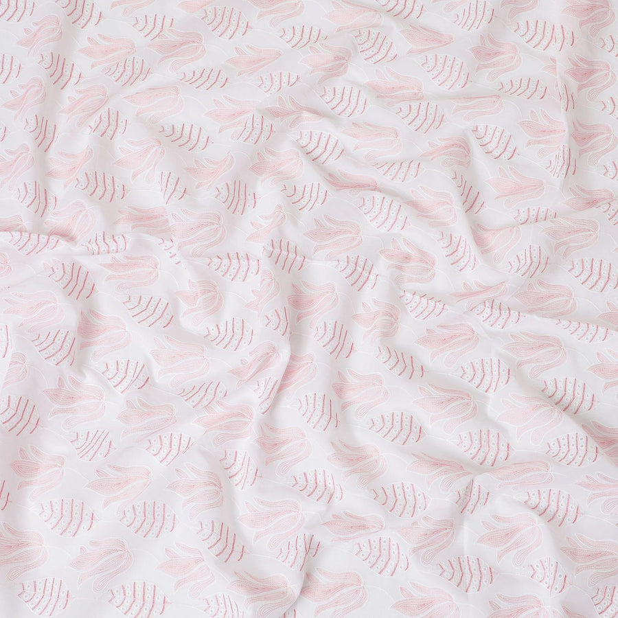 White cotton voile fabric with same tone, crimson red and baby pink embroidery in Leaf design-D9773