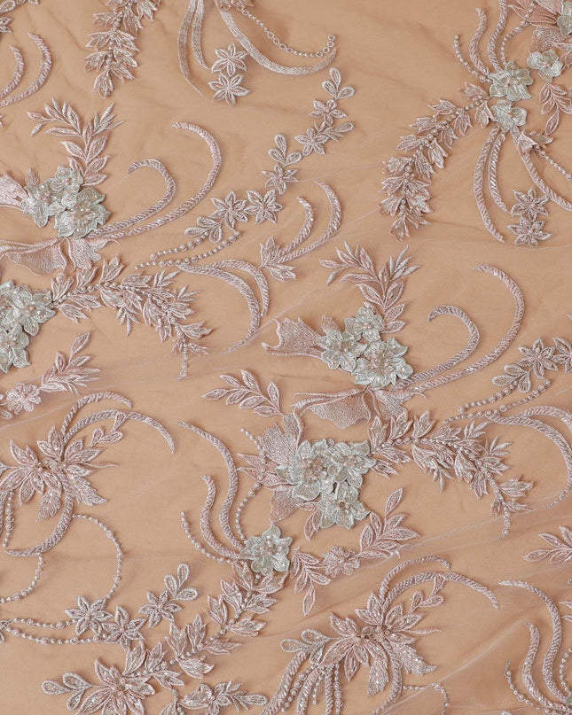 Onion pink Premium wedding nylon tulle fabric with same tone embroidery, beads,  pearls, beads, sequins and powder blue  applique work in floral design-D7912 Regal Fabrics