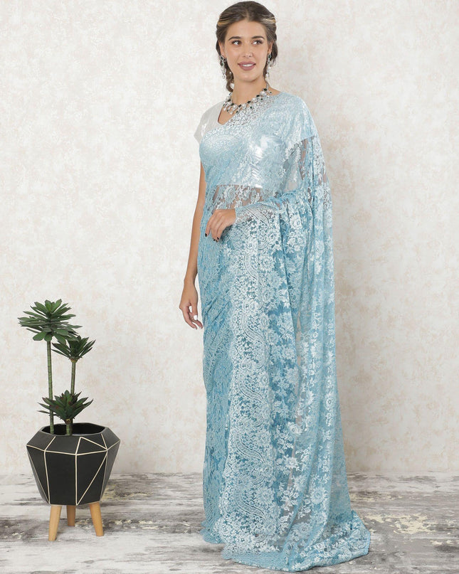 Baby blue, silver Premium metallic French chantilly saree ace in floral design-D10918