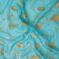 Turquoise blue premium pure silk chiffon fabric with same tone, mustard viscose having gold metallic lurex in floral design-D13188