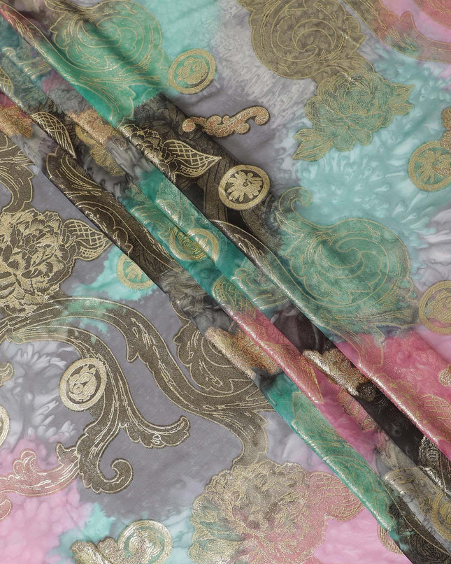 قماش شيفون حريري فرنسي (فرنساوي) فاخر متعدد الألوان مع لوركس معدني ذهبي بتصميم زهور-D14121
