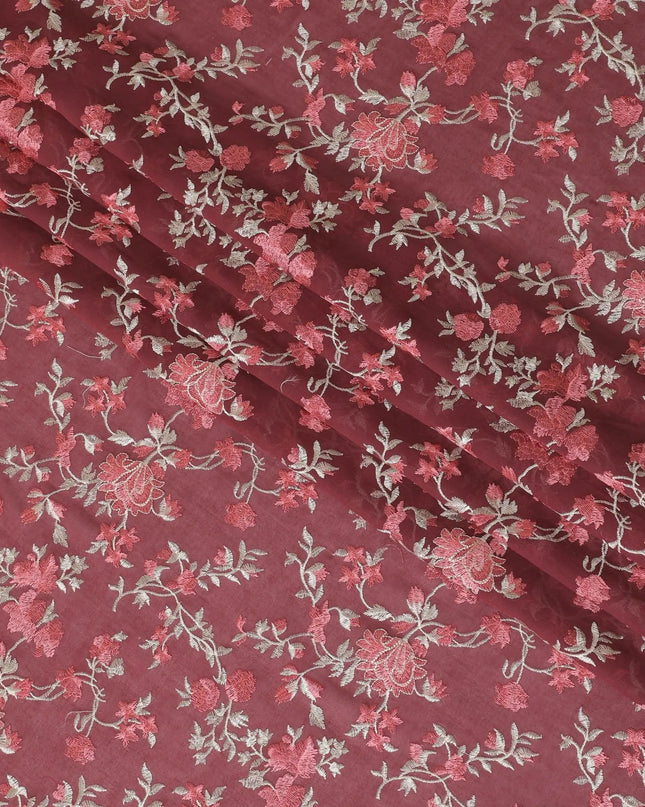 Ruby red cotton voile fabric with red and gold embriodery in floral design-11232 Regal Fabrics