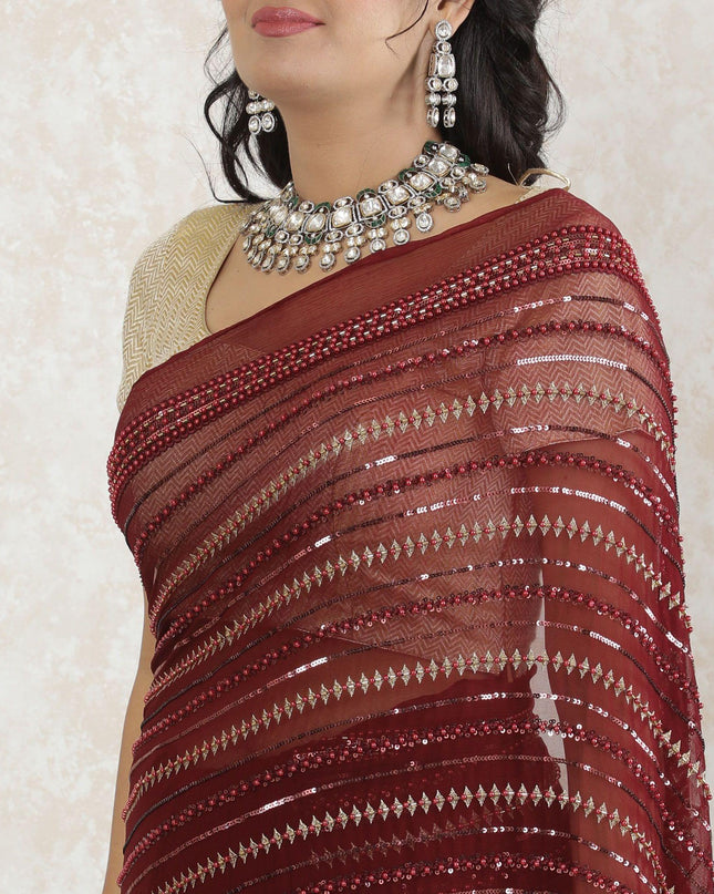 Marron Premium pure wrinkle silk chiffon saree with same tone, gold embroidery having sequins, bead work in fancy design-D13494