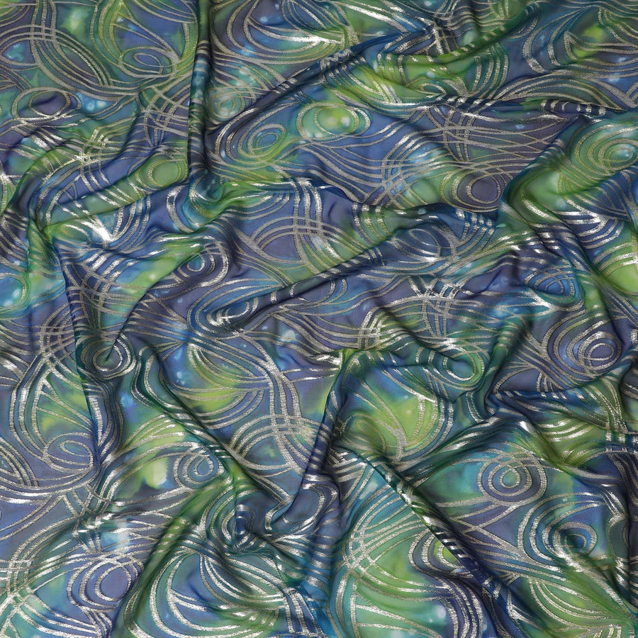 قماش شيفون من الحرير الخالص متعدد الألوان مع لوريكس معدني ذهبي بتصميم تجريدي-D14078