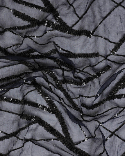 قماش شيفون من الحرير الخالص باللون الأزرق الداكن مع تطريز بالترتر الأسود بتصميم تجريدي-D13205