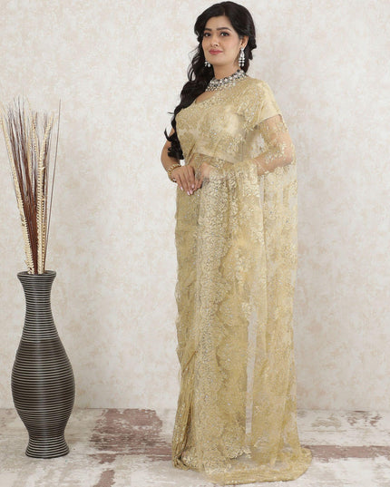 Gold Premium pure metallic French chantilly saree lace having stone work in floral design-D13516 Regal Fabrics