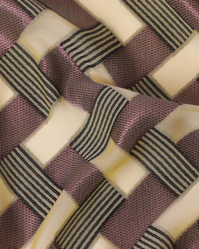 Blonde yellow Premium pure French (Fransawi) silk chiffon fabric with black viscose and burgundy pink metallic lurex in abstract design-D12718