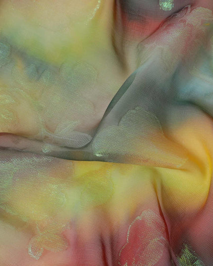 قماش شيفون حريري نقي فاخر متعدد الألوان مع لوريكس معدني أخضر نيون بتصميم زهور -D9282