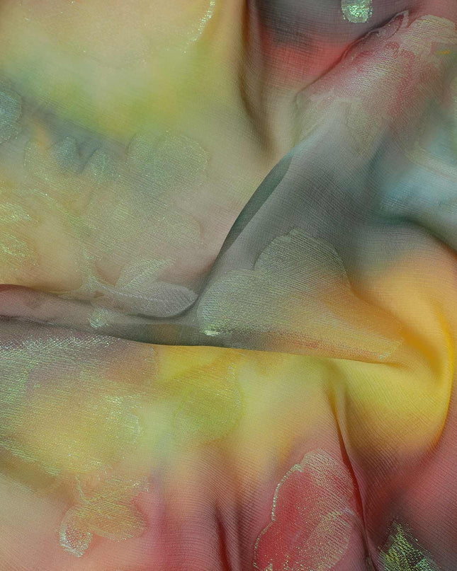قماش شيفون حريري نقي فاخر متعدد الألوان مع لوريكس معدني أخضر نيون بتصميم زهور -D9282