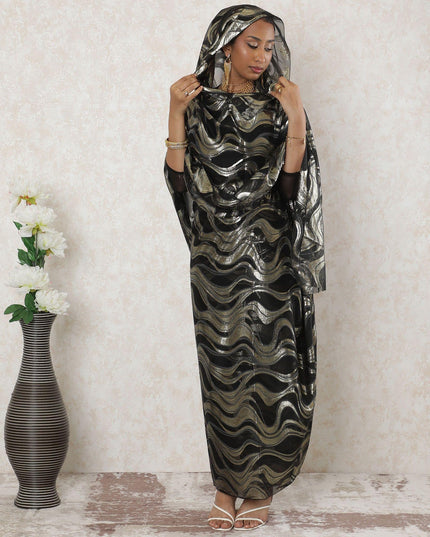 Black Premium pure French (Fransawi) silk chiffon thobe with same tone viscose and gold metallic lurex in abstract design-D14373