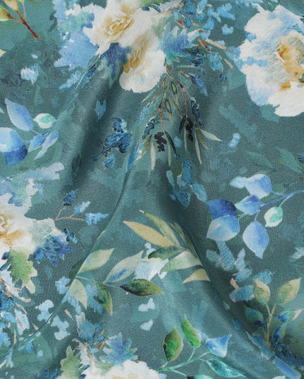 Teal blue viscose crepe fabric with multicolor print in floral design-D13813 Regal Fabrics