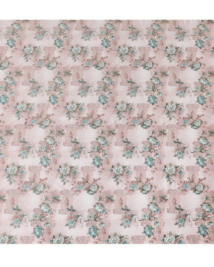Off white synthetic crepe fabric with pale brown and turquoise green print having stone work in floral design-D15305 - Regal Fabrics