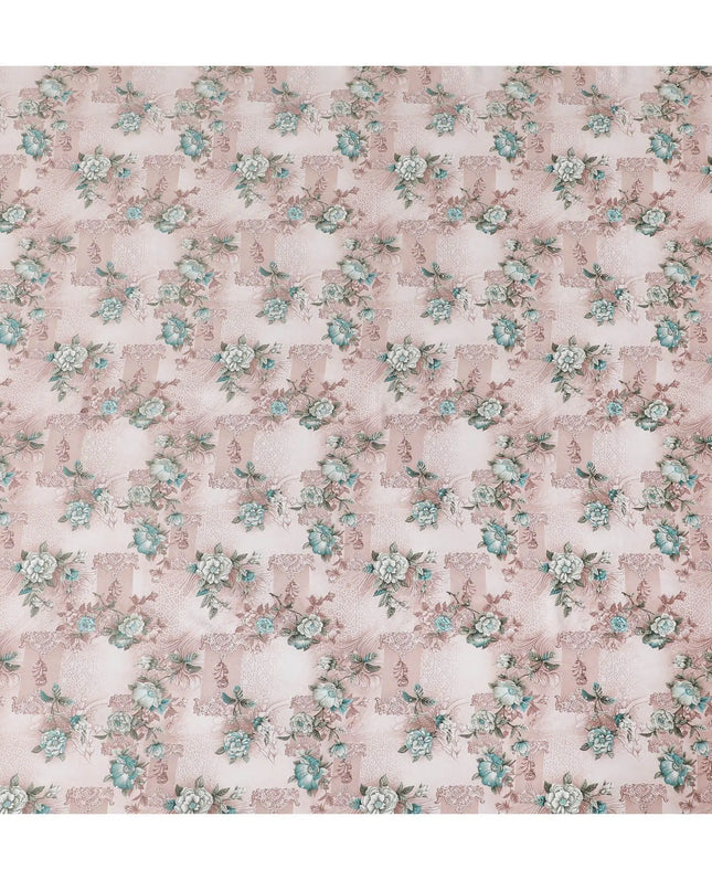 Off white synthetic crepe fabric with pale brown and turquoise green print having stone work in floral design-D15305 Regal Fabrics