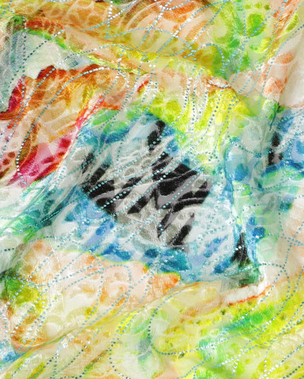 Multicolor Italian Premium silk chiffon dirac (makmal) fabric with velvet jacquard in floral design-D8655 Regal Fabrics