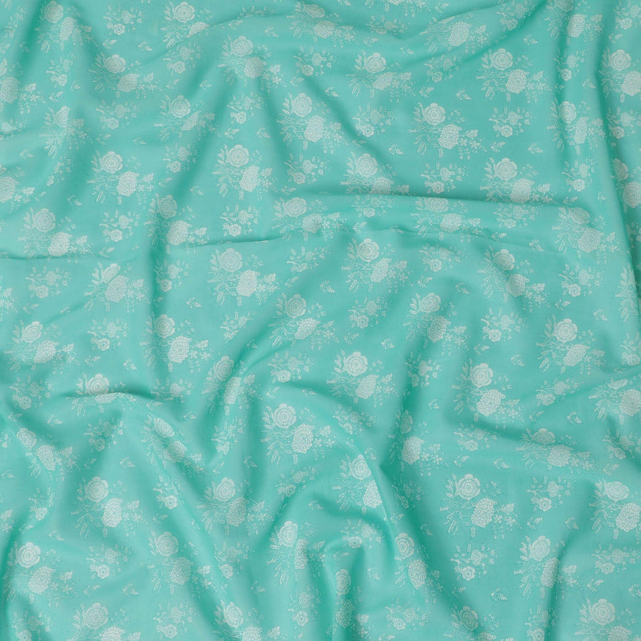 Turquoise green cotton voile fabric with beige print in floral design-D15159