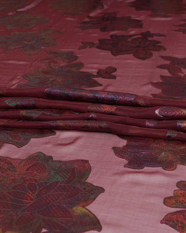 قماش شيفون من الحرير الخالص باللون العنابي الداكن مع لوركس معدني متعدد الألوان بتصميم زهور -D8797