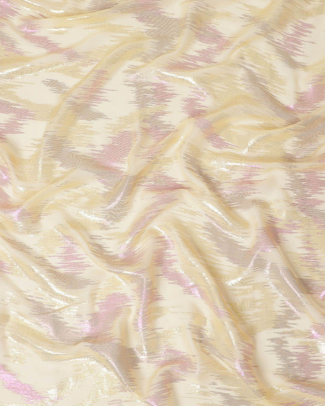 Laguna yellow Premium pure silk chiffon fabric with gold and pink metallic lurex in abstract design-D12323
