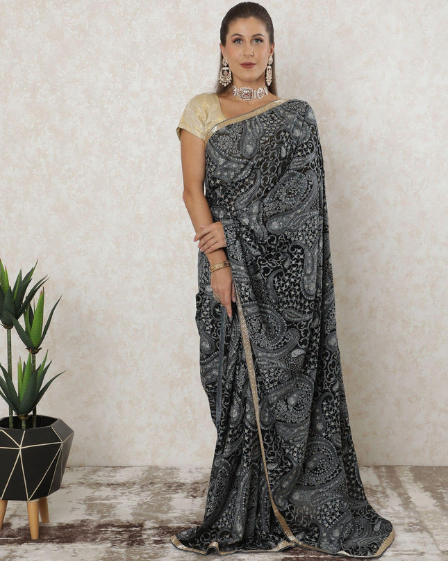 Black premium pure georgette Kashmiri work saree with grey embroidery having stone work and gold border bead work in paisley design-D12563