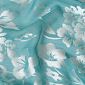 Teal blue Premim pure silk chiffon fabric with silver jacquard in floral design-D15318