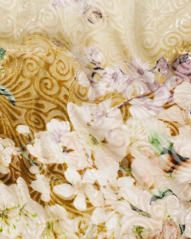 White Premium Italian silk chiffon dirac (makmal) fabric with multicolor print having velvet jacquard in floral design-D8697 Regal Fabrics