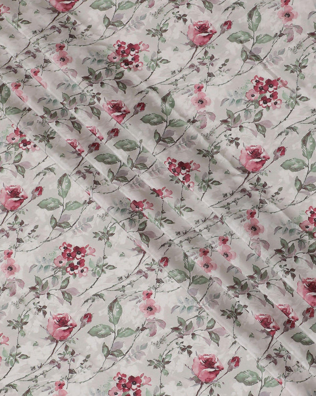 Light fawn beige synthetic crepe fabric with multicolor print in floral design-D15024