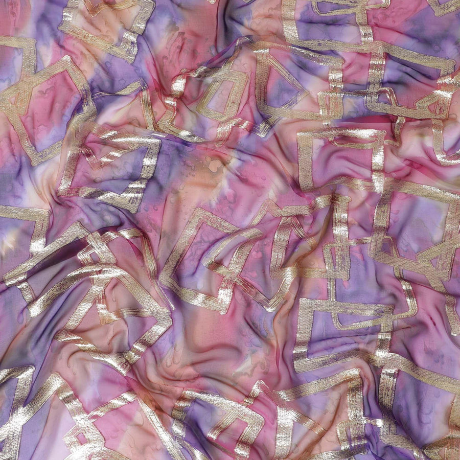 شيفون من الحرير الخالص متعدد الألوان مع لوريكس معدني ذهبي بتصميم تجريدي -D11373