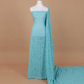 Sky blue nylon tulle fabric with same tone fancy embroidery having sequins in stripe design-D9198
