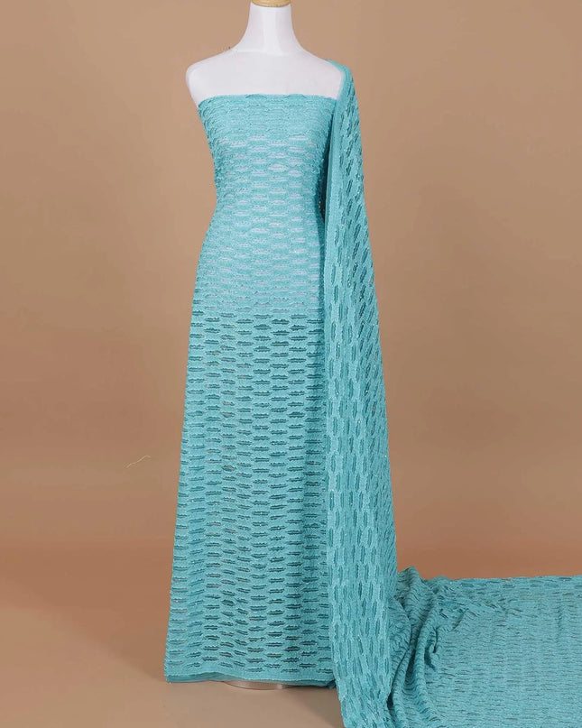 Sky blue nylon tulle fabric with same tone fancy embroidery having sequins in stripe design-D9198 Regal Fabrics