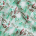Off white cotton satin fabric with turquoise green and brown print in floral design-D15458