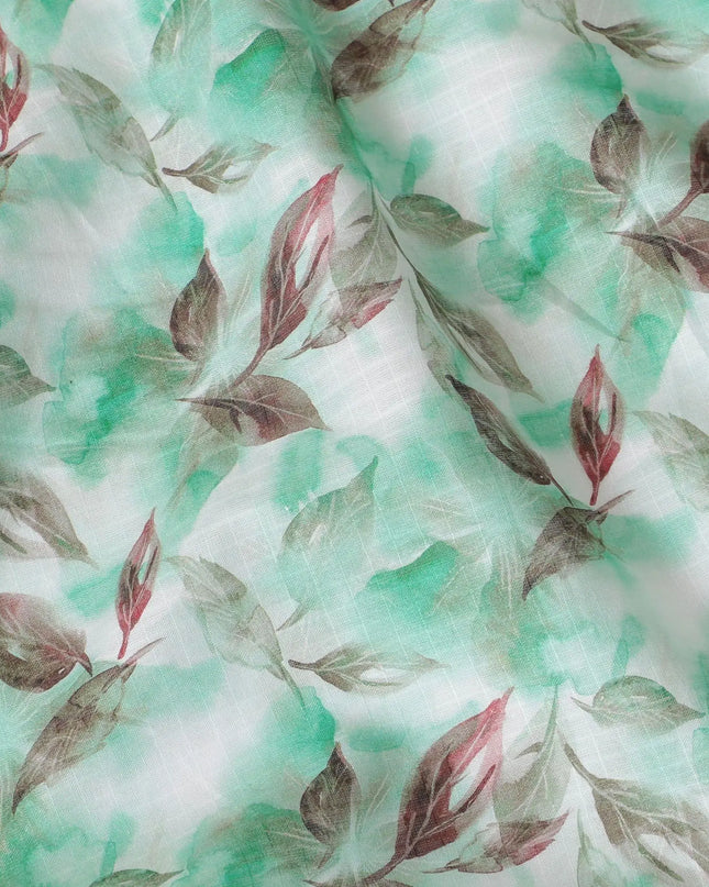 Off white cotton satin fabric with turquoise green and brown print in floral design-D15458 Regal Fabrics