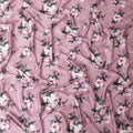Brick pink synthetic satin fabric with off white, bottle green and beige print in floral design-D10273