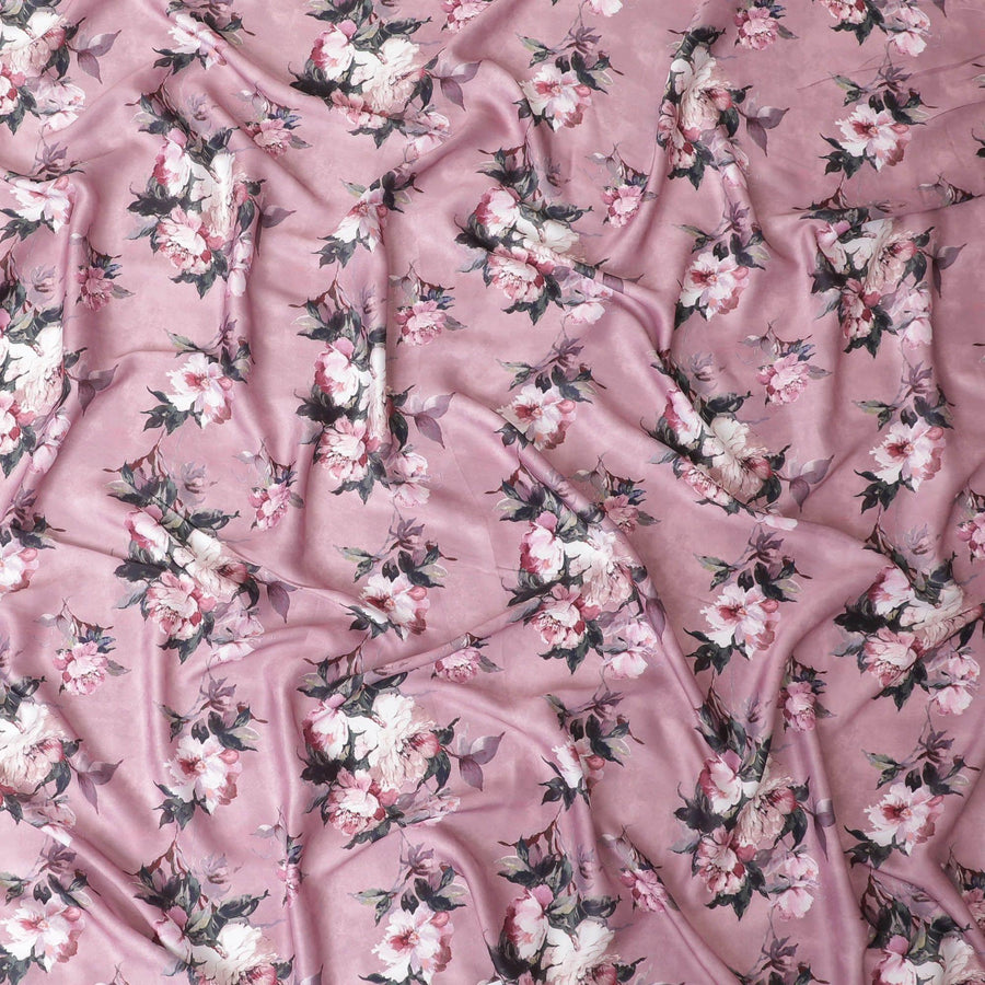 Brick pink synthetic satin fabric with off white, bottle green and beige print in floral design-D10273