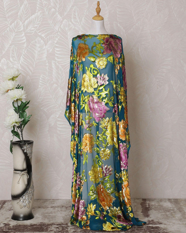 Teal blue, multicolor Premium pure silk blended velvet makmal dirac fabric with gold metallic lurex in floral design-D14870
