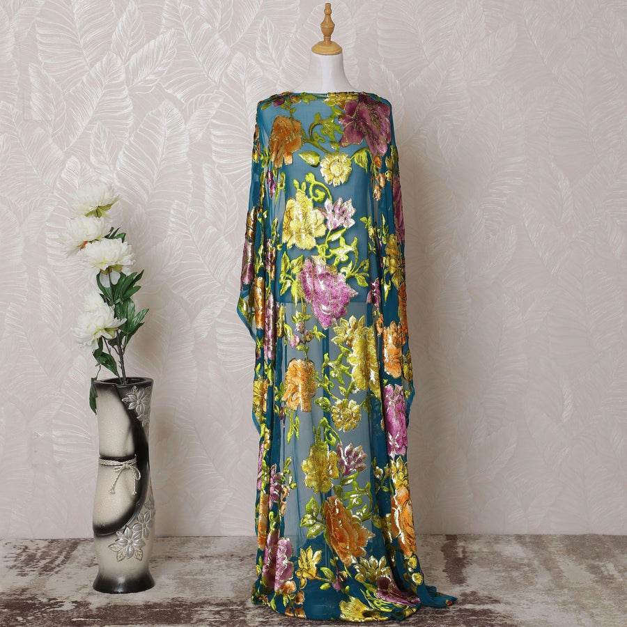 Teal blue, multicolor Premium pure silk blended velvet makmal dirac fabric with gold metallic lurex in floral design-D14870
