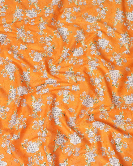 Orange uragiri cotton voile fabric with same tone jacquard grey, black and olive green print in floral design-D14326