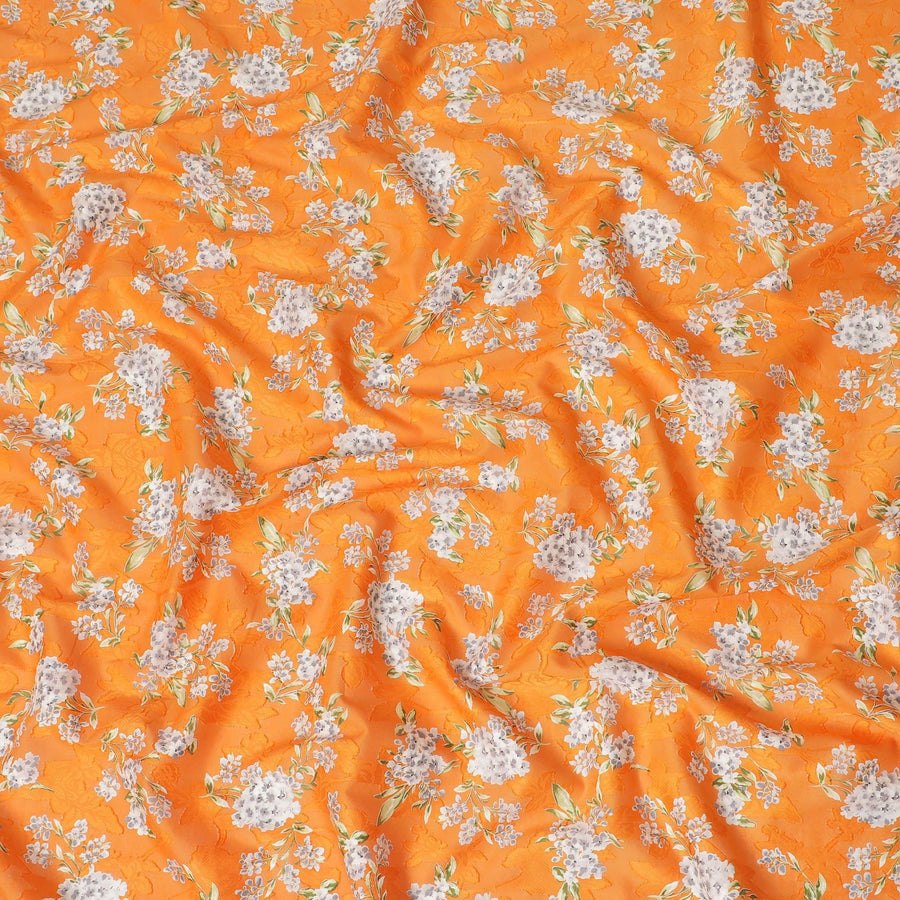 Orange uragiri cotton voile fabric with same tone jacquard grey, black and olive green print in floral design-D14326