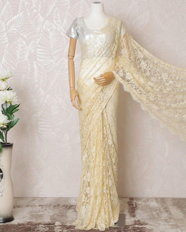 Light gold Premium pure French chantilly lace saree in floral design-D14561