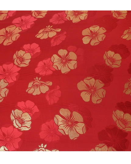 Crimson red Premium pure silk crepe fabric with same tone jacquard and gold metallic lurex in floral design-D14632 - Regal Fabrics