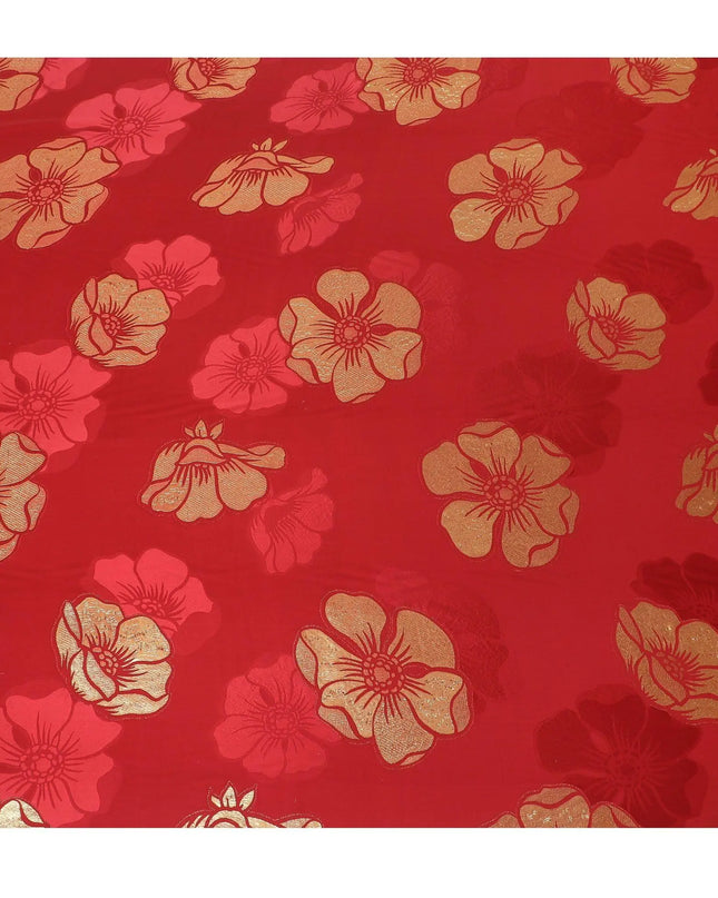 Crimson red Premium pure silk crepe fabric with same tone jacquard and gold metallic lurex in floral design-D14632 Regal Fabrics