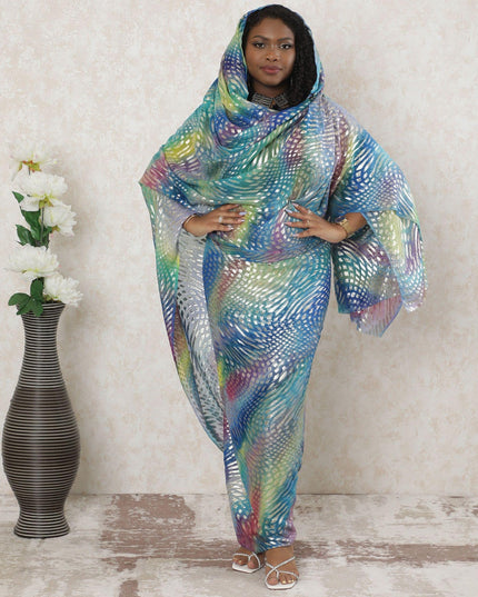 Multicolor Premium pure silk chiffon thobe with gold metallic lurex in abstract design-D14355 Regal Fabrics