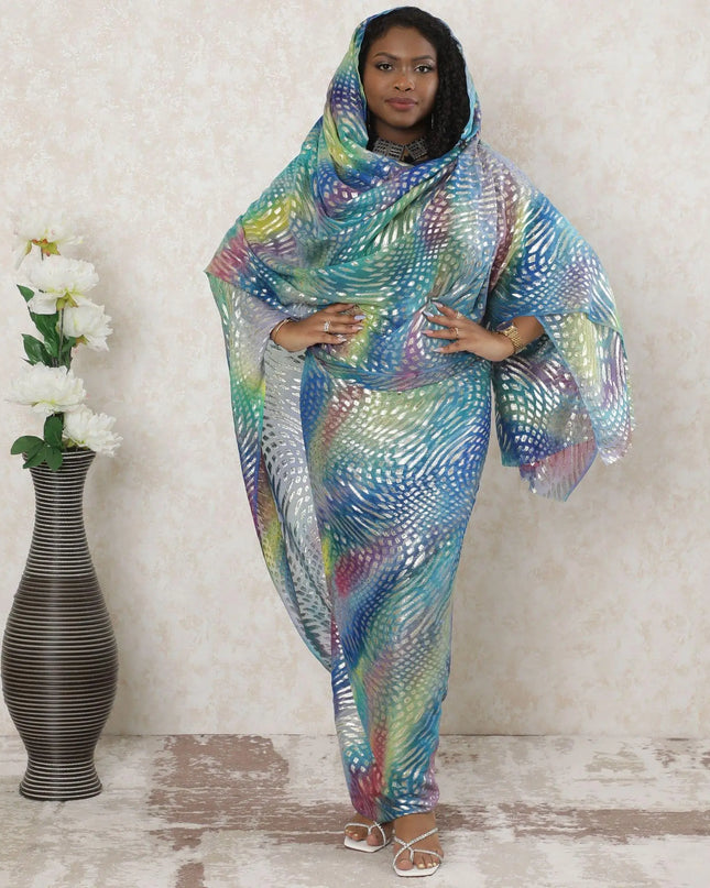 Multicolor Premium pure silk chiffon thobe with gold metallic lurex in abstract design-D14355 Regal Fabrics