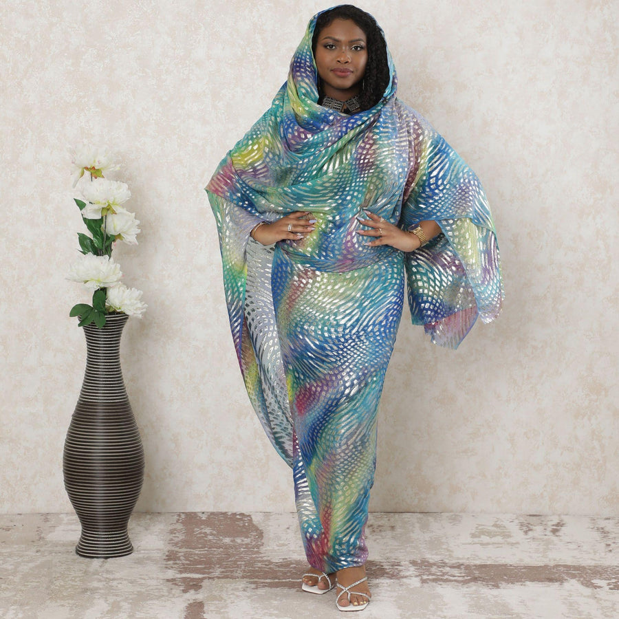 Multicolor Premium pure silk chiffon thobe with gold metallic lurex in abstract design-D14355 Regal Fabrics