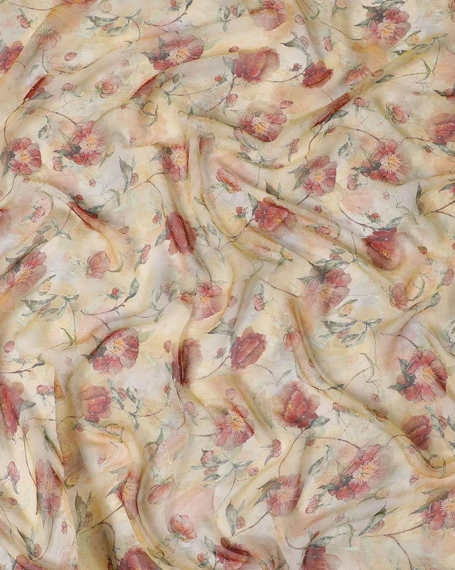 Flax yellow synthetic chiffon fabric with multicolor print in floral design-D13417 Regal Fabrics