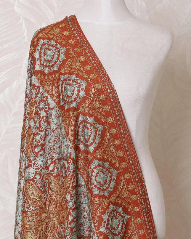 Rusty brown Premium pure kashmiri shawl with gold and vista blue jacquard in floral design-D14941 Regal Fabrics