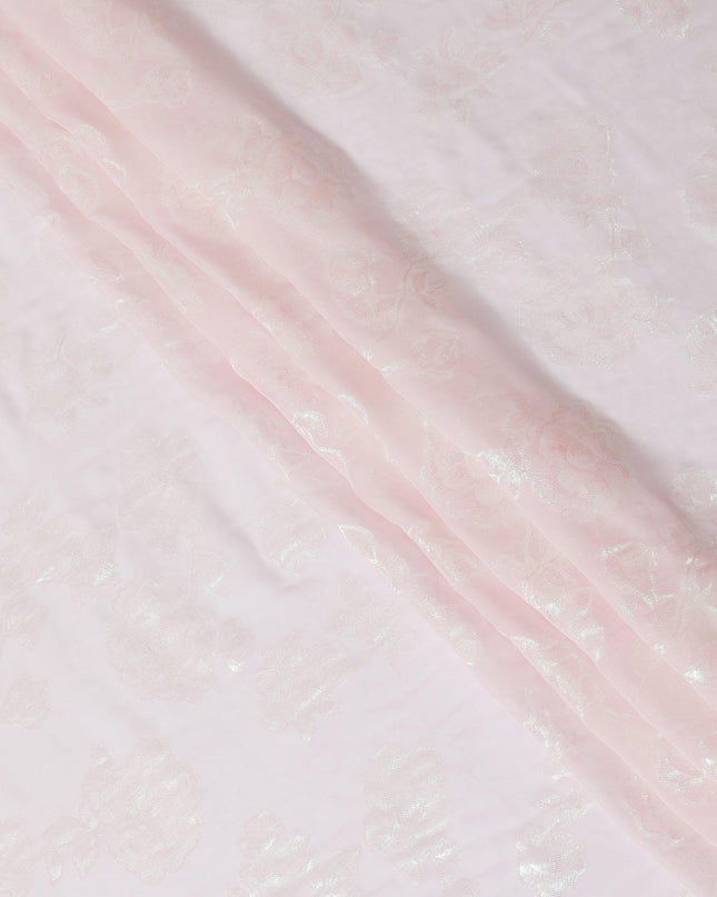 Baby pink premium pure silk chiffon fabric with neon green metallic lurex in floral design-D12415