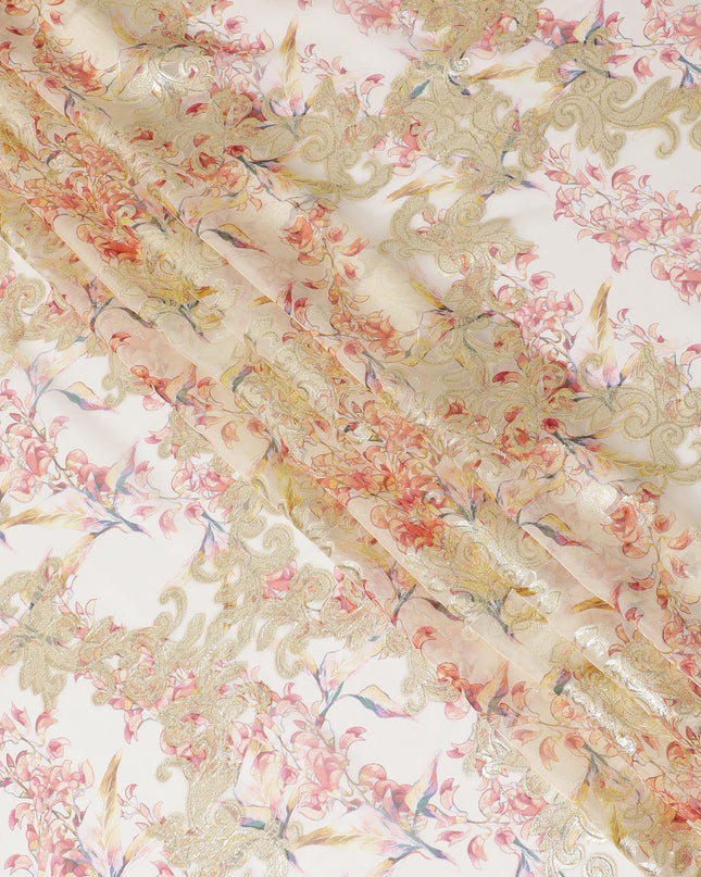 Beige Premium pure silk chiffon fabric with multicolor print and gold metallic lurex in floral design-D14295