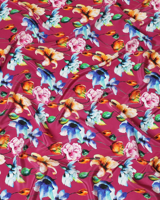 Dark cerise pink synthetic crepe fabric with multicolor print in floral design-D14462 Regal Fabrics